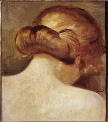 Cou de femme blonde avec chignon. Peinture d