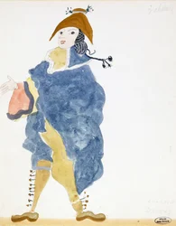 Dessin du costume du comte Almaviva déguisé, pour une représentation du "Barbier de Séville" à Paris (aquarelle sur papier)