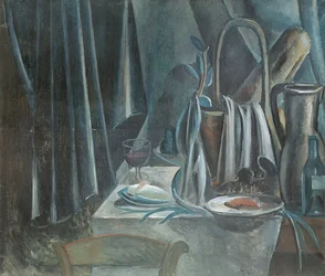 Nature morte avec corbeille à pain, cruche et verre à vin