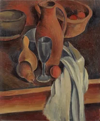 Nature morte avec cruche en terre cuite, serviette blanche et fruits