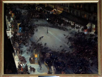 La charge, boulevard Montmartre. Scène de manifestations à Paris. Peinture d