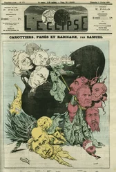 Carottes, poireaux et radicaux, les différents partis politiques en légumes dans le pot du pouvoir. Dessin remplaçant la caricature de Gill, censurée. Couverture de « L