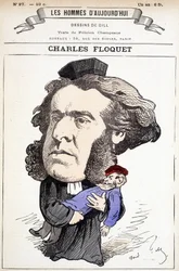 Caricature de Charles Floquet (1828-1896), avocat et président du Conseil entre 1888 et 1889. Il a blessé le général Boulanger en duel, dont il combattait les idées. Dessin de Gill dans « Les Hommes d