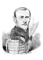 Caricature de Georges Ohnet (1848-1918), écrivain français représenté avec ses livres et sa plume. Dessin d