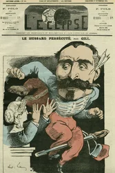 Caricature "le hussard persécute (par Marianne lui faisant son nez), Monsieur de Saint-Genest (Saint Genest). Couverture de "L
