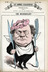 Portrait de Charles Monselet (1825-1888), poète, journaliste, romancier et gastronome français. Caricature par Gill, dans « Les Hommes d