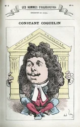 Portrait de Constant Coquelin (1841-1909), acteur de théâtre français. Caricature par Gill, Paris