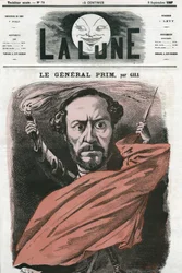 Portrait du général Juan Prim (1814-1870), militaire et homme politique espagnol. Caricature de Gill, dans « La Lune », 8 septembre