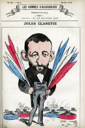 Portrait de Jules Claretie (1840-1913), romancier, dramaturge et critique français. Caricature par Gill, dans « Les Hommes d