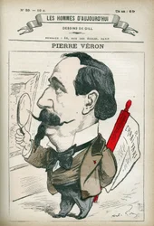 Portrait de Pierre Veron (1831-1900), écrivain et poète français. Caricature par Gill, Paris.