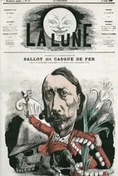 Portrait de Sallot, dit "Casque de Fer". Caricature par Gill, dans "La Lune", 4 août