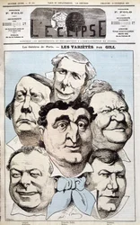 Les portraits de Léonce, Berthelier, Poppy Cadet, Dupuis, Pradeau et Baron, auteurs de théâtre. Caricature de Gill dans « L
