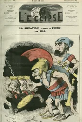La situation, caricature par Adolphe Thiers (1797-1877) et Léon Gambetta (1838-1882) donnant un ministère aux chiens royalistes et bonapartistes. Couverture de « L