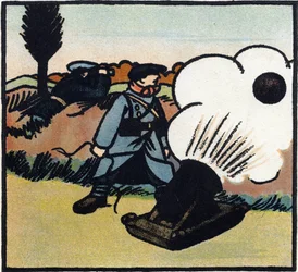 Première Guerre mondiale 1914-1918 : Lanceur de bombes. Un soldat français envoie des bombes à l