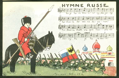 Carte postale satirique en couleurs : Hymne russe - Guerre de 14-18, Russie, Chant - Soldats Illustration par André Hellé (1875-1945)