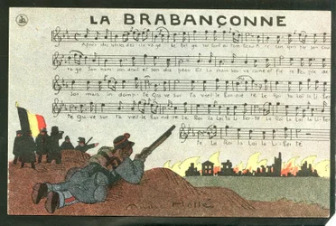 Carte postale, satirique en couleurs, vers 1915: La brabançonne - Guerre de 14-18, Belgique, Chant - Illustration de soldats par André Hellé (1875-1945)
