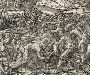 Bataille entre les tribus Margageaz et Tabajares, gravure de Cosmologie Universelle, par André Thevet