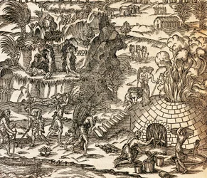 Esclaves indiens travaillant dans une mine à Cuba, Illustration de la Cosmographie par André Thevet, gravure