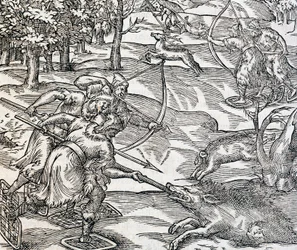 Indiens chassant le sanglier, gravure de Cosmologie Universelle, par André Thevet (1504-1592), Paris