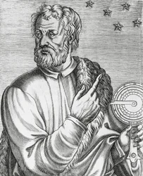 Portrait de Christophe Colomb, navigateur italien, gravure de Les Vrais portraits et Vies des Hommes illustres
