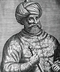 Portrait de Khayr al-Din, connu sous le nom de Barberousse (1465-1546), corsaire et amiral turc, gravure par André Thevet (1502-1590)