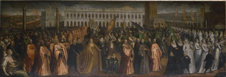 La dogaresse Marina Morosini-Grimani quittant le palais Grimani pour son couronnement au palais des Doges, Venise
