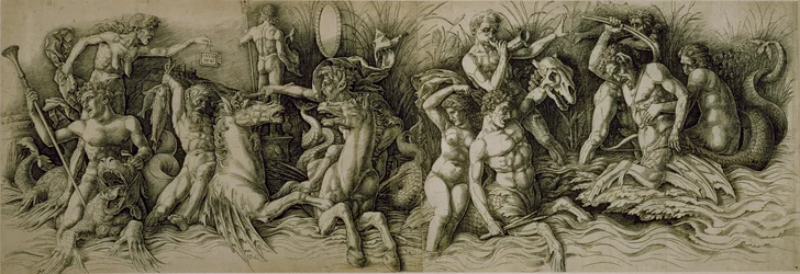 Bataille des Dieux de la Mer (plume et encre brune sur papier)