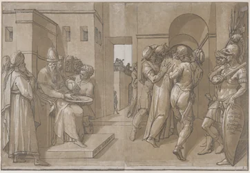 Pilate à gauche se lavant les mains côté gauche de la feuille, 1585