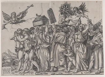 Section A : un ange tenant une croix en haut à gauche, Adam et Ève en bas, du Triomphe de..., 1836