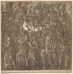 Le Triomphe de Jules César : Soldats portant des bannières et des étendards