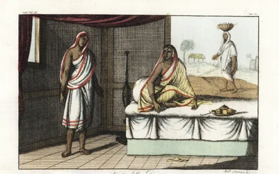 Différents types de sari et vêtements portés par les femmes indiennes. Femme de distinction en sari et voile assise sur un canapé, et femme de rang inférieur en sari court. Gravure sur cuivre dessinée et gravée par Andrea Bernieri d