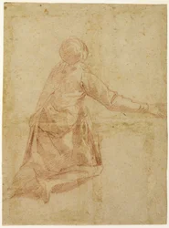 Figure agenouillée de dos (recto); Trois études en buste de figure féminine voilée (verso)