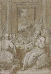La Cène, avec une vue du Christ dans le jardin des Oliviers à travers la porte à l