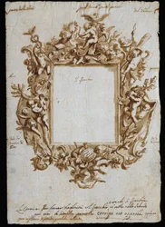 Dessin orthogonal pour cadre allégorique, vers 1700, par Andrea Brustolon (1662-1732), aquarelle et plume sur papier blanc, Italie