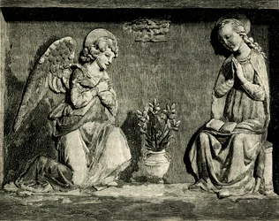 Annonciation, oratoire de la Madonna del Buon Consiglio, Prato, Toscane, Italie, gravure sur bois de Le cento città d