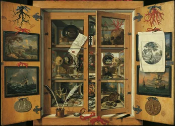 Cabinet de curiosités (avec portes vitrées) avec divers objets, par Andrea Dominico Remps