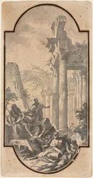 Figures près des ruines d