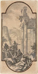 Figures près des ruines d