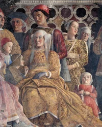 Barbara de Brandebourg avec sa fille Paula et Rodolfo Gonzaga, détail du mur de la cour, par Andrea Mantegna, fresque, Château de San Giorgio, Chambre des Époux ou Camera Picta, Mantoue