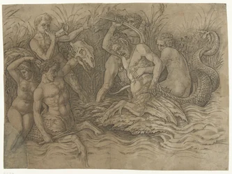 Combat entre tritons avec des néréides sur leur dos