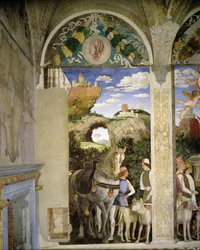 Cheval et palefrenier avec chiens de chasse, de la Camera degli Sposi ou Camera Picta, 1465-74 (détail)