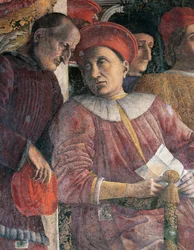 Ludovico Gonzaga et le conseiller Marsilio Andreasi, détail du mur de la cour par Andrea Mantegna, fresque, Château de San Giorgio, Chambre des Époux ou Camera Picta, Mantoue