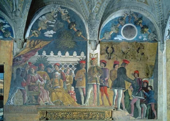 Marquis Ludovico Gonzaga III, sa femme Barbara de Brandebourg, leurs enfants, courtisans et leur chien Rubino, de la Camera degli Sposi ou Camera Picta, 1465-74
