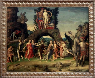 Mars et Vénus ou Le Parnasse. Peinture représentant Mars et Vénus sur le Rocher, Pégase et Mercure, Apollon et les neuf muses Calliope (poésie épique), Clio (histoire), Erato (art lyrique), Euterpe (musique), Melpomène (tragédie), Polymnie (rhétorique), Te