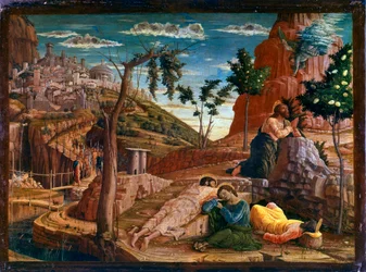 Prière au jardin des Oliviers. Après la dernière Cène, le Christ se rend avec les apôtres sur la colline de Gethsémani, qui domine Jérusalem. Des soldats romains approchent pour l