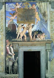 Putti aux ailes de papillon soutenant la plaque dédicatoire, avec des chiens de chasse et leurs maîtres en dessous, de la Camera degli Sposi ou Camera Picta, 1465-74 (détail de 78449)