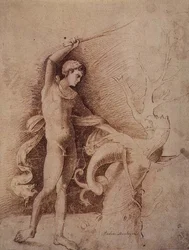 Jeune homme combattant un dragon