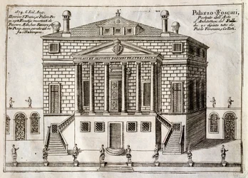 Façade principale de la Villa Foscari, dite La Malcontenta, Mira, conçue par Andrea Palladio (1508-1580), gravure de Le long du canal de la Brenta, presque un bourg de la ville de Venise, par Vincenzo Coronelli (1650-1718), Venise
