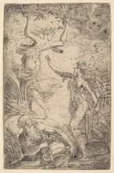 Apollon à droite tenant un arc poursuivant Daphné à gauche