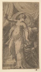 Judith avec son épée levée dans sa main droite et plaçant la tête d